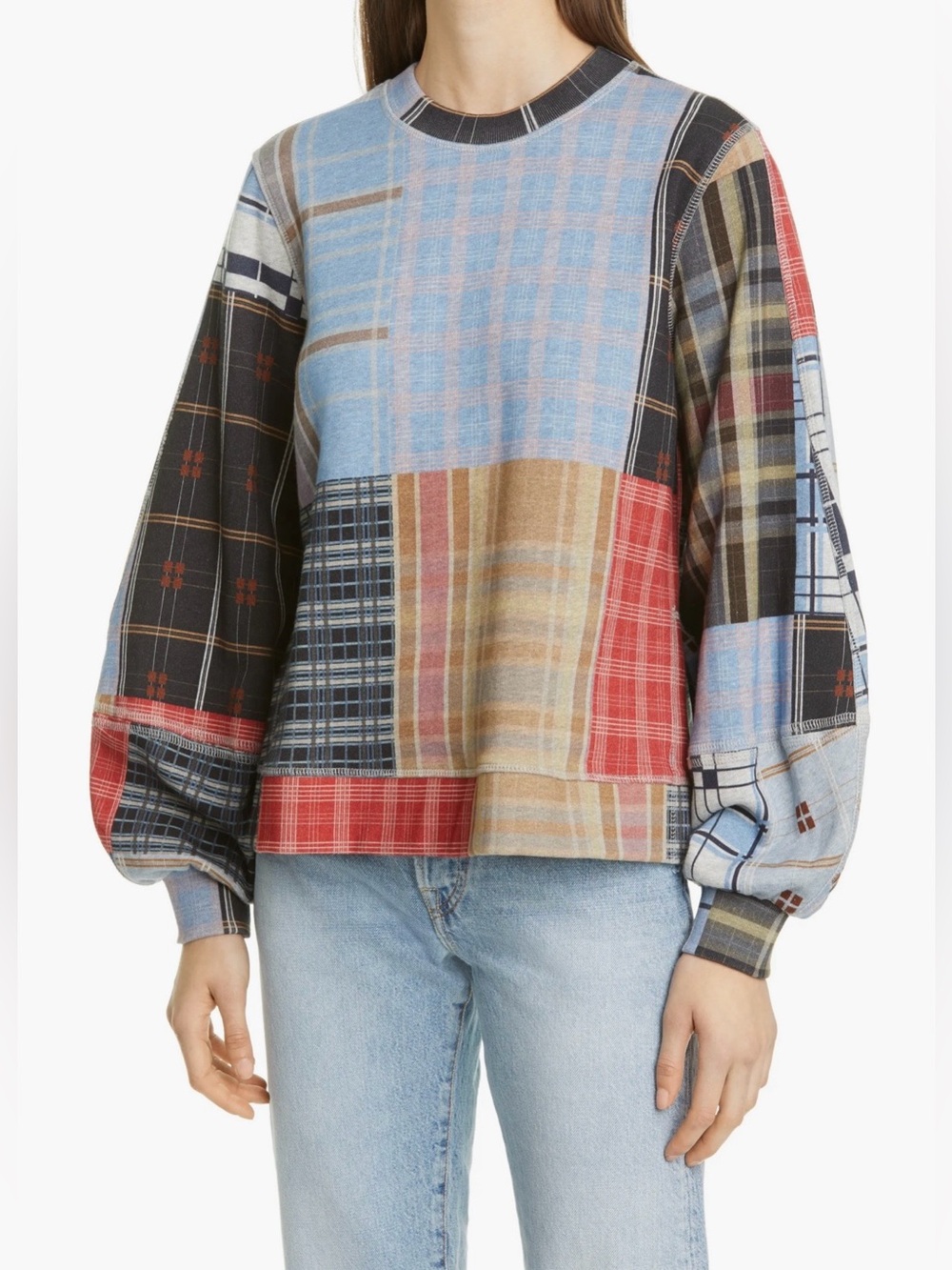 GANNI Isoli Patchwork Plaid Balloon Sleeve Sweatshirt XS Artsy